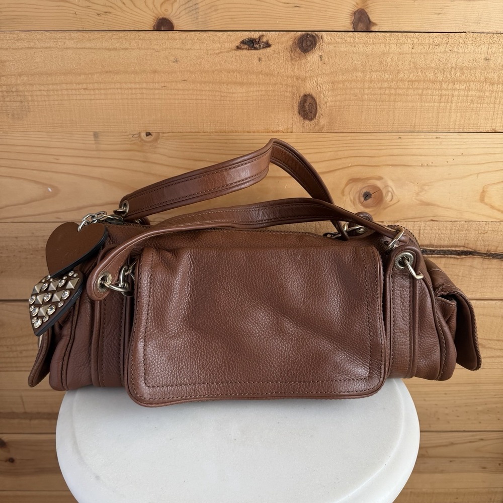 Y2K Juicy‎ Couture Brown Leather Barrel Shoulder Purse Studded Heart Charms Bag